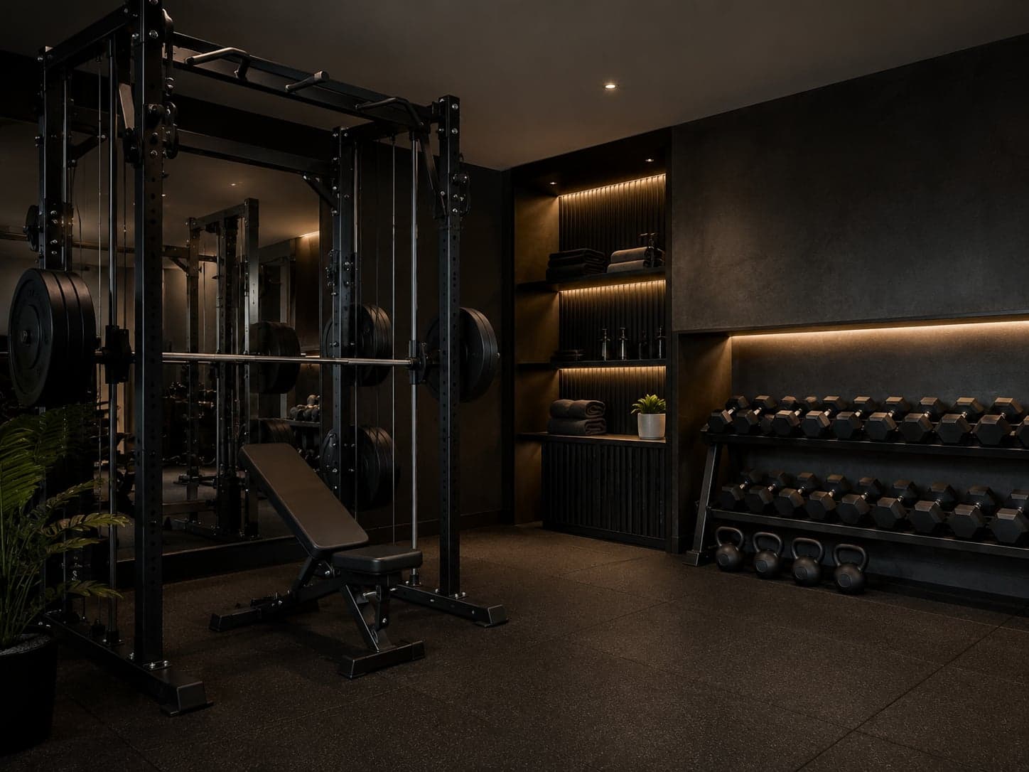 Visualisation of a private gym interior — power rack, bench and dumbbell and kettlebell racks under warm low lighting